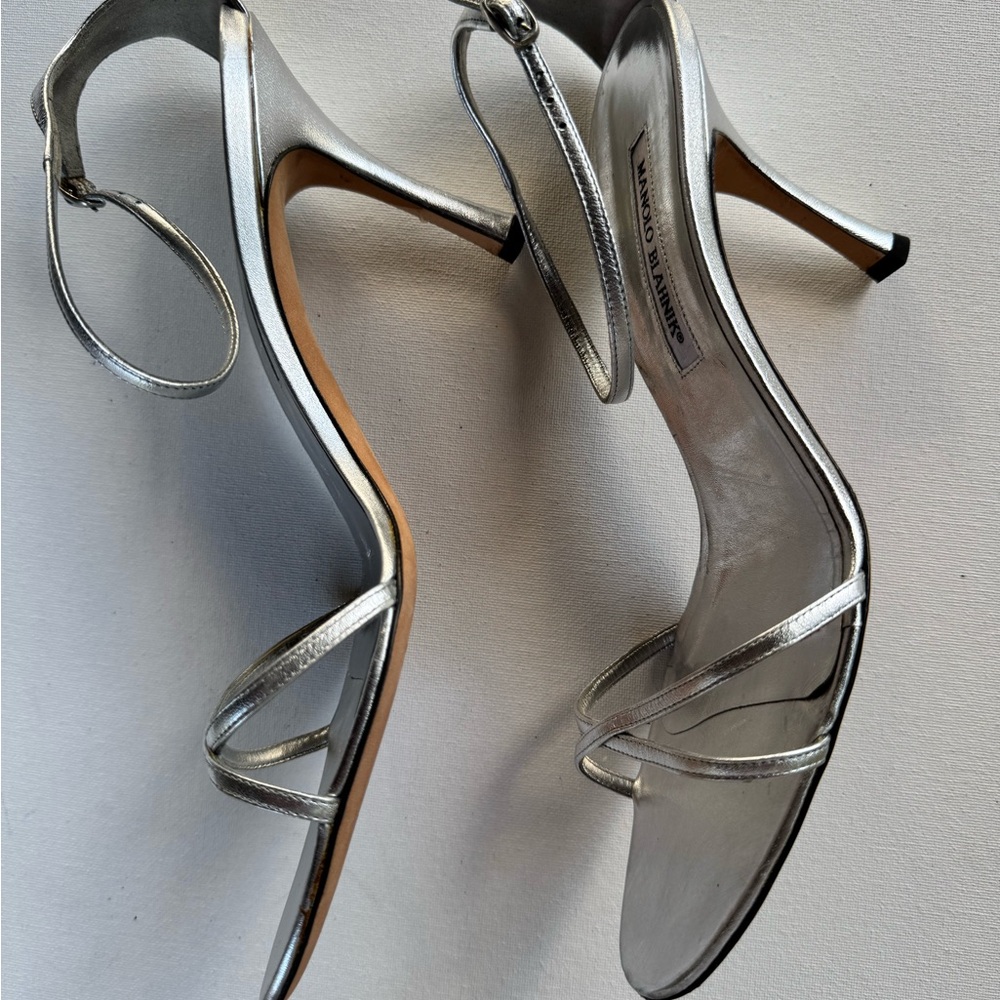 Manolo Blahnik Silver Metallic High Heel Sandals Rare Size 42 / 12 ✨